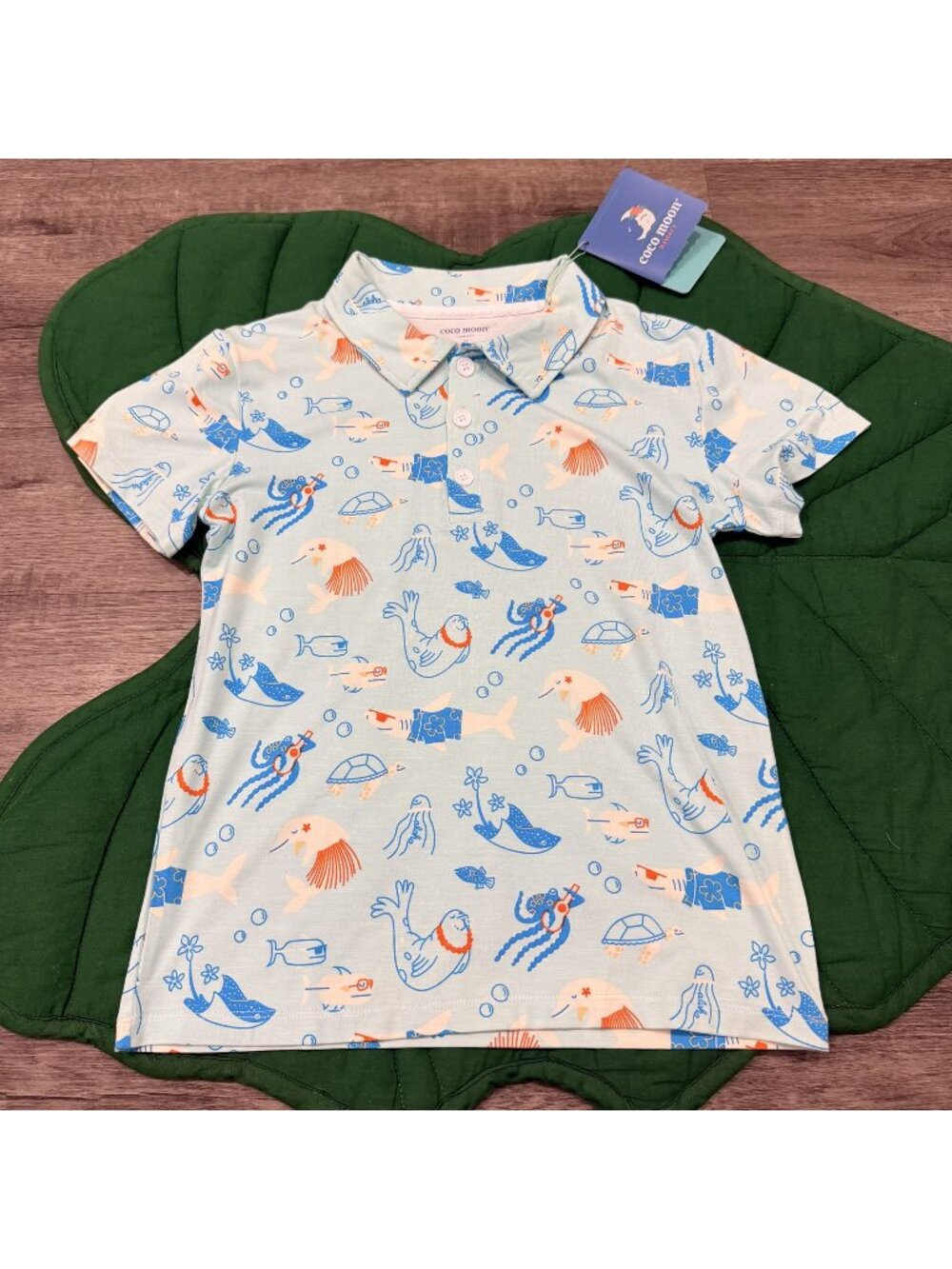 Coco Moon Hawaii Bamboo Boys 7/8 Blue Reef Rascals Ocean Short Sleeve Polo Shirt